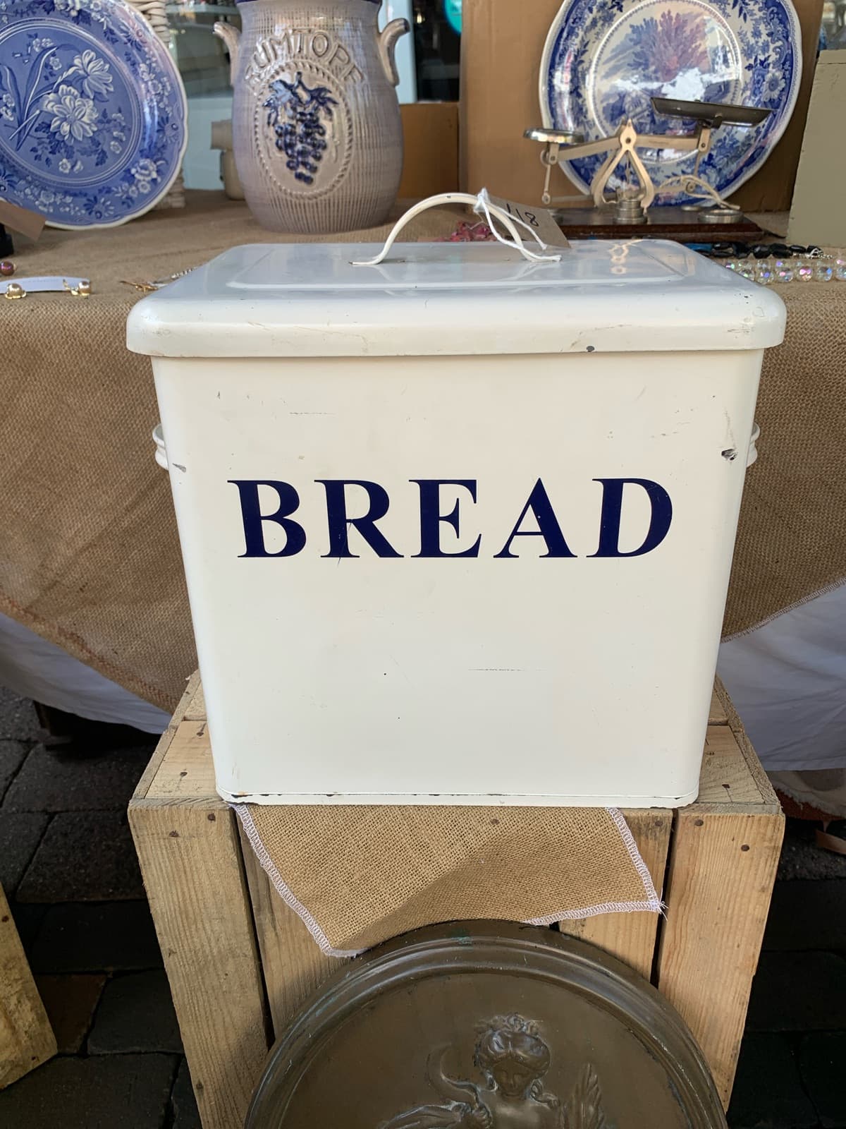 Vintage Cream Enamel Bread Bin with Lid and Handle